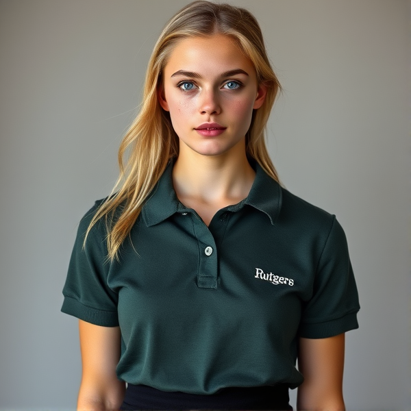 Photorealistic portrait of a young, blonde 19-year-old female with bright blue eyes and a smattering of light freckles across her nose, standing in a direct front-facing stance. Her hair is softly styled in a natural way. She wears a dark green-gray polo shirt with subtle white embroidery spelling "Ruttgers" on the left chest area, paired with a chic black mini skirt. The image should capture the essence of youthful grace and simplicity without relying on vivid color schemes or cosmetic enhancements. Heart shaped face
