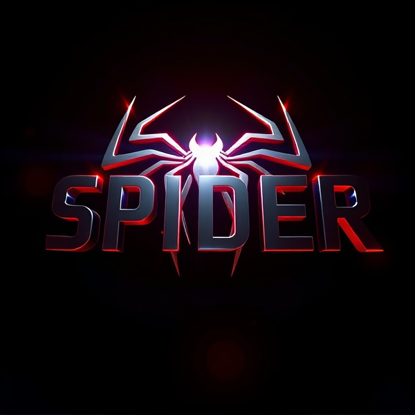 Create a 3D logo named "SPIDER" featuring ultra-modern aesthetics and sleek design. The logo should have bold, sans-serif lettering that appears to dynamically emerge from a pitch-black backdrop. Enhance the design with vivid light beams similar to the luminosity of the Capcut app icon, creating deep shadows and prominent highlights on the logo's surface. Combine advanced curves, sharp angles, and smooth lines to suggest speed and sophistication. Coat the logo in a metallic texture with a mirror-like finish for intense light reflection, giving it a sense of rapid movement. Incorporate Pixar's signature detailed imagery and distinct geometric forms, enriched with a vibrant color palette and glossy surfaces for added dimensionality. Employ rendering techniques akin to Unreal Engine's realism and Octane Renderer's ray tracing for captivating reflections, while also using V-Ray lighting effects to set the atmosphere. Aim for an exaggeratedly grandiose and sci-fi influenced visual spectacle that maximizes impact through its boldness, eschewing any trace of subtlety or minimalism.