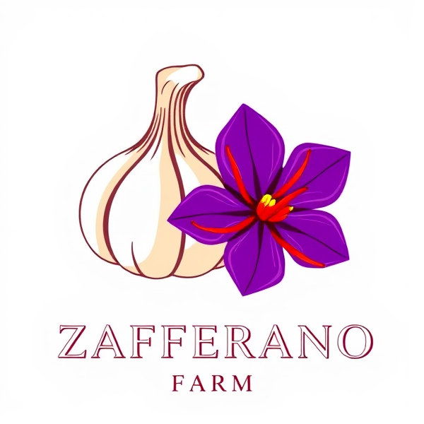 Realistic minimalist logo featuring a garlic bulb and a purple saffron flower with 3 red saffron threads, along with the text "Zafferano Farm"