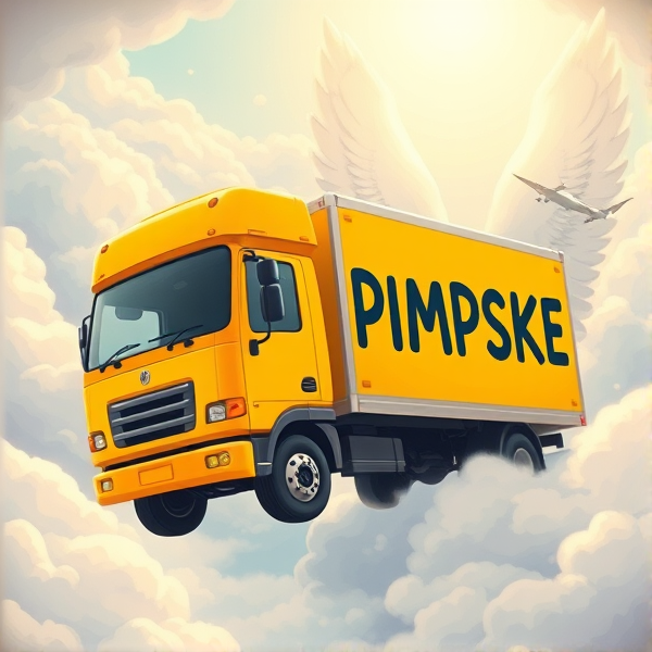 In heaven, all yellow moving truck that says the word "PIMPSKE" ON THE SIDE of trailer, black driver waving out window, truck is driving into heaven