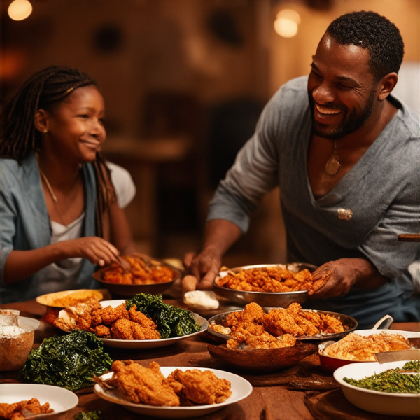 Repas de famille afro-américaine traditionnel, plusieurs générations réunies autour d'une grande table en bois rustique, débordante de plats faits maison typiques comme le poulet frit, les greens collards et la tarte de patate douce, ambiance chaleureuse avec des rires et des conversations animées, éclairage doux accentuant l'atmosphère conviviale