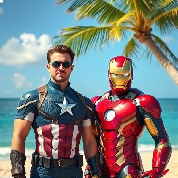 Captain iron man (captain America cross with iron man) at beach under a palm tree