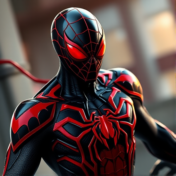 Créer une image d'un symbiote noir et rouge avec des bras de spiderman 2099 et les yeux rouge