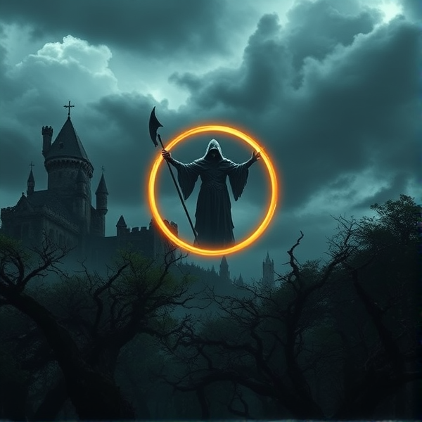 La Faucheuse spectrale émergeant majestueusement d'un fin anneau d'or antique, menaçant, irradie une aura sinistre et palpable. Elle est encadrée par un paysage gothique crépusculaire où des châteaux en ruines se découpent sur un ciel tourmenté par les orages imminents. Au premier plan, une forêt dense aux arbres tordus semble presque vivante, prête à engloutir tout ce qui s'aventure trop près