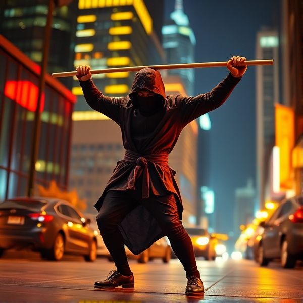 Ninja training very hard doing handstand push-ups in his home at night