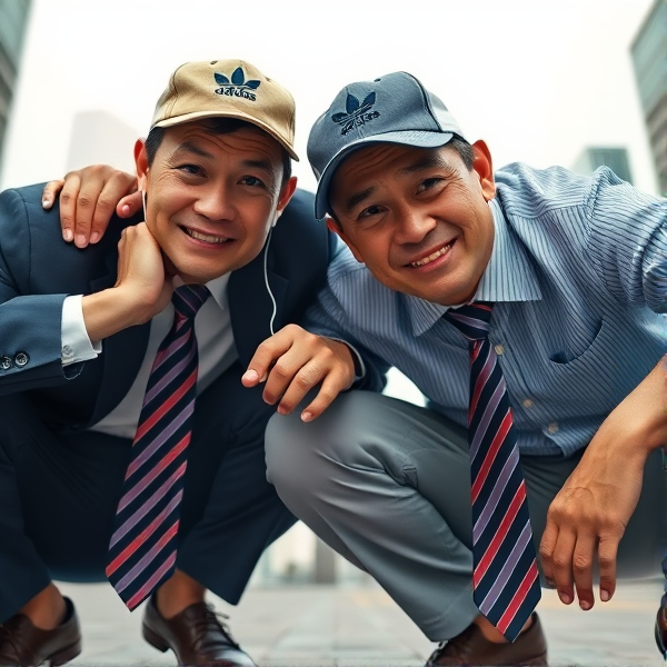 Deux  différents hommes d'affaires japonais puissants mature  accroupis et faché  portant des casquettes Adidas  et des cravates rayées longues  bleue rouge et oreillettes Apple 
Ils sont complices et conquérants , ils dominent 
 , accroupis pas trop et regard fort

Ils sont hypnotisant du regard , amis, complice , envoûtant , charismatique 
Ils se tiennent par les épaules , il fixent l objectif de la caméra, souriant faché 

Vue contreplongée
Vue contreplongée 
Vue contre plongée