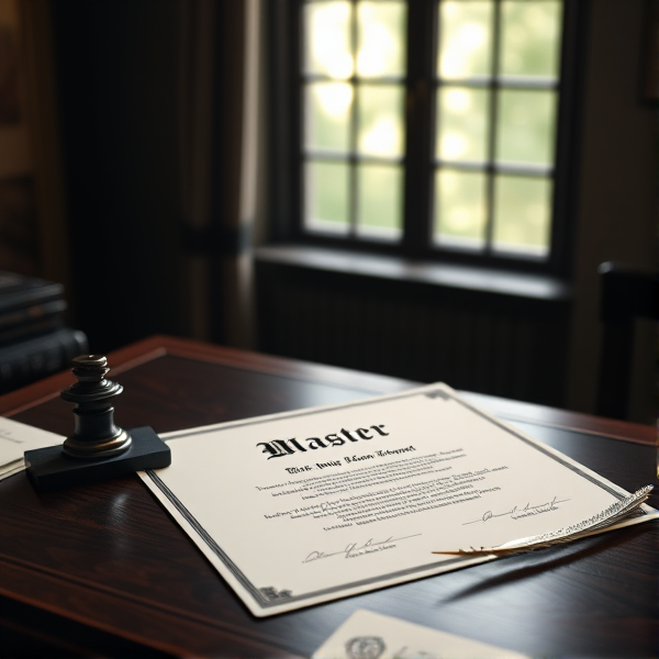 Prompt: Un diplôme de  master élégant posé sur un bureau en bois foncé, avec un encrier et une plume à côté, éclairage doux venant d'une fenêtre à gauche, ambiance de réussite académique