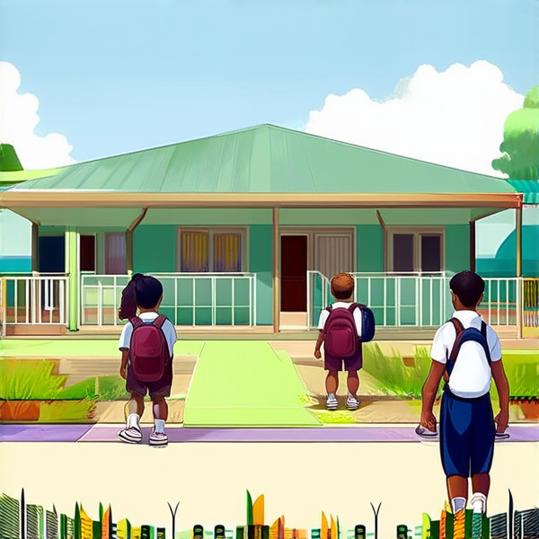 bâtiment d'une école primaire traditionnelle avec cours de récréation, enfants noirs africains en uniforme scolaire chemise blanche et pantalons bleu marine avec des cartables