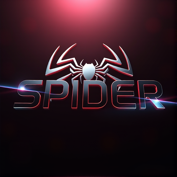 Create a 3D logo named "SPIDER" featuring ultra-modern aesthetics and sleek design. The logo should have bold, sans-serif lettering that appears to dynamically emerge from a pitch-black backdrop. Enhance the design with vivid light beams similar to the luminosity of the Capcut app icon, creating deep shadows and prominent highlights on the logo's surface. Combine advanced curves, sharp angles, and smooth lines to suggest speed and sophistication. Coat the logo in a metallic texture with a mirror-like finish for intense light reflection, giving it a sense of rapid movement. Incorporate Pixar's signature detailed imagery and distinct geometric forms, enriched with a vibrant color palette and glossy surfaces for added dimensionality. Employ rendering techniques akin to Unreal Engine's realism and Octane Renderer's ray tracing for captivating reflections, while also using V-Ray lighting effects to set the atmosphere. Aim for an exaggeratedly grandiose and sci-fi influenced visual spectacle that maximizes impact through its boldness, eschewing any trace of subtlety or minimalism.