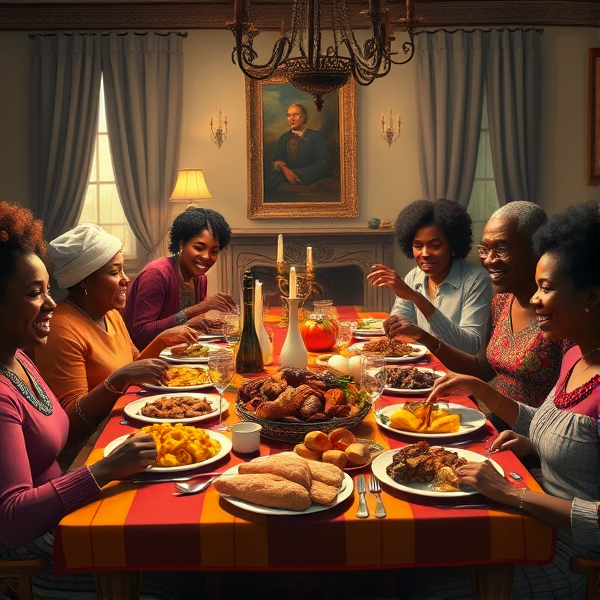 A lively African American big family gathering around a richly adorned dinner table, sharing a traditional soul food meal with dishes such as fried chicken, collard greens, macaroni and cheese, cornbread, and sweet potato pie, all set in a warm and inviting dining room filled with laughter and storytelling