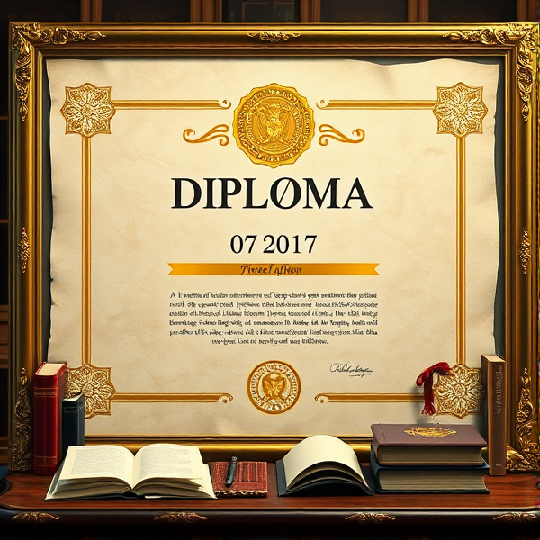 Prompt: Diplôme avec des bordures dorées sophistiquées, un sceau officiel en relief, une typographie classique et claire sur un fond en parchemin texturé, le tout présenté dans un cadre académique avec des livres et des symboles éducatifs posé sur table dans un cadre