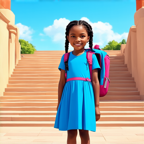 Jeune fille africaine de 8 ans habillée en robe bleue portant des tresses africaines élaborées et un sourire joyeux, debout fièrement avec un cartable coloré sur le dos devant les marches d'une école primaire, sous un ciel bleu clair d'après-midi.