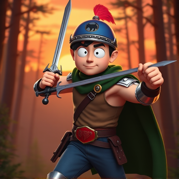 3D CGI Movie Scene: Stan Marsh from South Park, light skin and black hair, but as a 14-Year Old teenager with an extremely muscular torso, dressed as a medieval knighted warrior with a light brown tank top, a black belt with a red buckle adorned with a castle emblem, with a few pouches and the scabbard for his sword attached to it, blue jeans, steel armored boots, jeweled wrist cuffs, a big and long green cape, and a blue helmet with one silhouetted buffalo head emblem on both sides, outlined by silver steel rims lined around and across the top, with a long red feather sticking out at the top, now known as Sir Marsh. Despite still being a teenage kid, he is the Youngest Commander of the Zaronian Army, and one of the youngest and greatest heroes hailing from South Park, Colorado, but now reborn as the real life Kingdom of Kupa Keep, Zaron. His weapon is the legendary enchanted sword called the Slashing Blade Of The Ranger, which he swings with pride as he slashes his enemies down to size. The scene shows the young teenage warrior knight currently in a dark forest, engaged in a sword fight against a goblin.