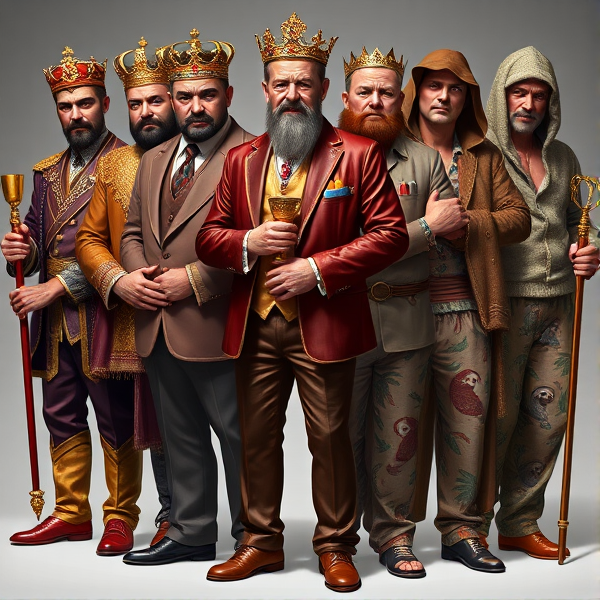 Seven brothers stand in a regimented row, each an incarnation of one of the seven deadly sins. The first exudes Pride, attired in lavish royal garments that glint with intricate golden threadwork and jewels, a resplendent crown set upon his head gleaming with precious gemstones and a scepter clutched in his hand that radiates authority, his posture emanating supreme confidence and haughtiness. Wrath is the second brother, adopting the guise of a 1950s-style gangster; he's outfitted in a polished leather jacket with brass knuckles glinting in his pocket, facial features twisted into a menacing scowl, hands curled into fists like coiled springs ready to unleash violence.

Greed is epitomized by the third brother, cloaked in an exquisitely tailored three-piece suit adorned with symbols of affluence – cufflinks and tie clips that sparkle with diamonds, his fingers greedily grasping at overflowing treasures including jewel-encrusted goblets and overstuffed wallets bursting with currency from around the world. Envy's vessel is the fourth brother; he appears as an envious Victorian explorer whose gaze lingers on artifacts beyond his reach, overburdened by an enormous backpack spilling over with rare collectibles and antiquities he covets but does not own.

The fifth embodies Gluttony; he's donned elasticized garments struggling to contain his corpulence, cheeks bulging and stained with dribbles of honeyed fruits, pastries dripping with chocolate, hands gripping a turkey leg half-eaten yet still oozing juices. Lust is personified in the sixth brother who dons seductive clothing crafted from silk and velvet that plays on shadow and light to emphasize allurement through their strategically cut-out patterns exposing skin to incite temptation.

Finally comes Sloth in the seventh brother draped languidly in voluminous sleepwear patterned with yawning sloths amidst drooping vines; it's made of fleece so soft it seems to whisper enticements towards restfulness. His eyes are half-closed under heavy eyelids; even standing seems an effort too grand as he leans against an ornate walking stick more for support than style.