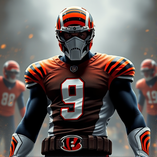 Marvel taskmaster wearing a bengals jersey with the number 9