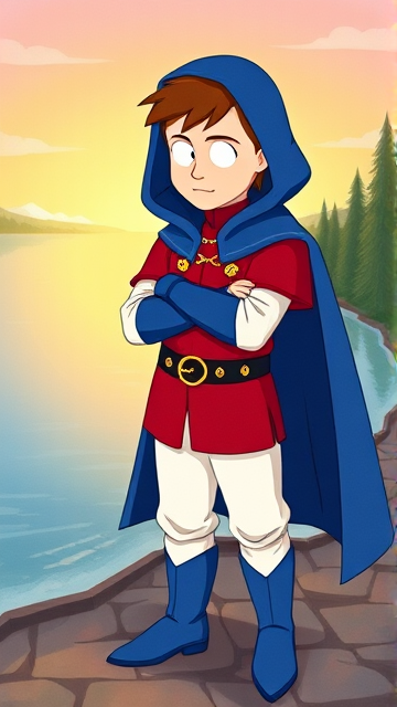 Clyde Donovan from South Park, light skin and brown hair, but as a 14-Year Old, dressed as a medieval prince with a red shirt with white sleeves, a black belt with a gold buckle, white pants, blue boots, blue long-cuffed gloves, and wreathed in a really big, heel-length long, ultra-wide blue hooded cape, now known as Prince Donovan. Despite still being a kid, he is the Youngest Ruler of South Park, Colorado, but now reborn as the real life Kingdom of Kupa Keep, Zaron, and Prince Donovan is its youngest and greatest hero. The young teenage prince of Kupa Keep is currently standing by the shoreline of a lake, wondering what his next adventure will be.