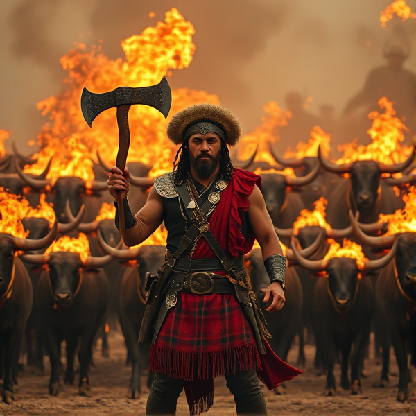 John tomahawk standing before an army of massive flaming bulls