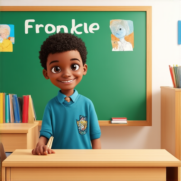 deux garçons noirs de 14 ans, vêtue d'uniforme scolaire , debout souriante et concentrée devant un tableau noir rempli de regles d'orthographe en français  dans une salle de classe ensoleillée et colorée avec des bureaux en bois et des affiches éducatives sur les murs