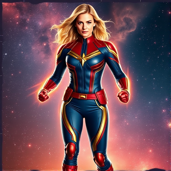 Yvonne Strahovski portrayed as Captain Marvel/Carol Danvers in a dynamic and heroic pose, dressed in her signature vividly detailed red, blue, and gold suit that clings to her athletic form. The suit is highlighted with intricate textures and patterns that suggest advanced Kree technology, featuring the iconic Hala star emblem prominently on her chest which gleams with a subtle energy. She stands with fists clenched as if ready to engage in battle, exuding an air of determination and strength. Her confident expression complements her medium-length blonde hair that flows behind her as if caught in an interstellar wind, strands highlighted by cosmic energy radiating from her body. A full-body image captures the essence of this powerful superheroine against a breathtaking cosmic backdrop filled with nebulas, distant galaxies, and shimmering stars that hint at the vastness of space and her incredible powers. Every element from the metallic finish on her boots to the reflective quality of her sash is rendered with sharp detail to bring forth the depth and realism of the character.