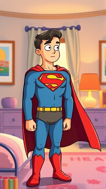 1990's Movie Scene: Jon Kent, AKA Superboy, the young little 12-year old super son of Superman, and the first kid to be born as the world's first Half-Kryptonian child, with an extremely muscular body, the iconic costume, the singular curled bang sticking out at the front of his flat and smooth hair, and a long cape, standing in his bedroom, taking a moment to truly admire his newfound appearance and identity as the world's first Half-Kryptonian.
