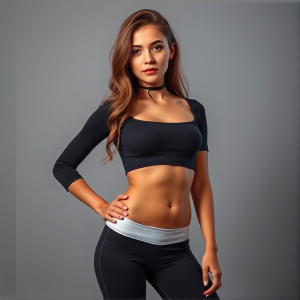A captivating teenage girl with an idealized, hourglass figure, donned in form-fitting leggings and a trendy cropped top, posing gracefully