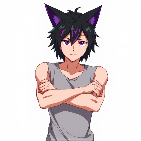 My hero academia oc. Arms crossed. Cat ears black with purple tips. Black hair. With purple streaks.  Full body reference sheet. Sleeveless shirt. Turned to the side a little