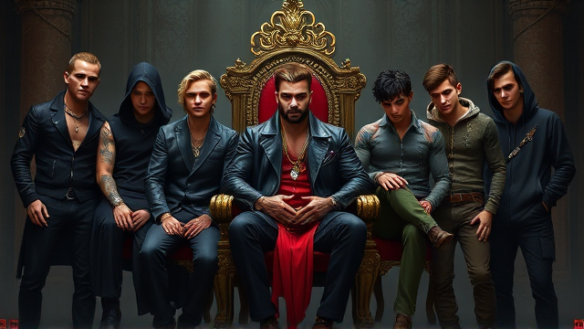 Seven young men personify the seven deadly sins in a symbolic tableau. In the center, Pride reigns supreme, seated on an ornate throne akin to that of a monarch, adorned with regal robes and a crown that glistens with gems. Wrath exudes menace, cloaked in a black leather jacket and matching pants, his skin etched with intricate tattoos and punctuated by metallic piercings. Greed flaunts opulence in designer attire dripping with jewelry; rings sparkle on every finger, complemented by a heavy gold chain around his neck. Envy assumes the guise of an enigmatic wanderer, casting covetous glances towards his companions while cloaked in subtle green tones. Gluttony presents a paradoxical figure: svelte yet dressed in snug-fitting clothes that speak to an endless hunger unsatisfied by mere physical sustenance. Lust smolders with sensual intent, garbed in provocative attire designed to tempt and tantalize, tongue lasciviously exposed. Lastly, Sloth embodies lethargy, slumped casually in oversized hoodie and sweatpants while listlessly rubbing weary eyes as if struggling against the pull of sleep