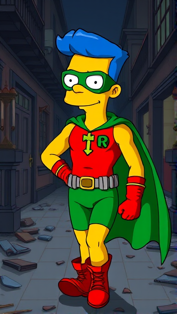 Milhouse Van Houten from The Simpsons, with his yellow skin, big round nose, and blue hair that's slicked back at the top, but as an 18-year old teenager, dressed as a parody of Robin, The Boy Wonder, with an extremely muscular torso and arms, a green bodysuit with a red torso adorned with a green H symbol on his chest, a grey utility belt, red boots, red long-cuffed gloves, a big green cape, and a green eye mask with optical lenses in it, now known as Houseboy, The Nerd Wonder, the other half of Springfield's Dynamic Duo, and one of the greatest vigilante superheroes ever known in Springfield. He is currently walking through an abandoned house at night, looking for clues to the mystery he is trying to solve.