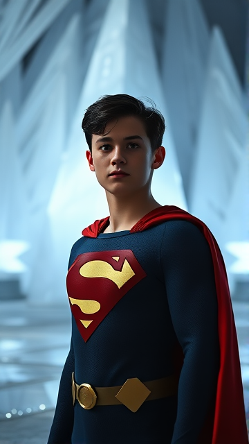1990's Cinematic Movie Scene: Jon Kent, AKA Superboy, the young little 12-year old super son of Superman, and the first kid to be born as the world's first Half-Kryptonian child. Despite being a kid, he has all of his father's powers, with an extremely muscular body, the iconic costume, the singular curled bang sticking out at the front of his flat and smooth black hair, and a long cape. The young little Half-Kryptonian kid, Jon Kent, now Superboy, stands in his secret icy crystal lair in the Arctic, the Fortress Of Solitude, talking to the apparitions of his ancient Kryptonian ancestors for help, information, and guidance to his destiny.