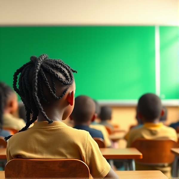 des filles noires de huit ans avec des tresses africaine et des garçons assis dans une classe face au tableau vert