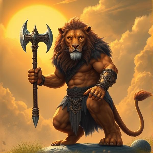 Un Lion barbare dieux du soleil une hache de guerre comme Léo escanor, avec des poils de lion et une carrure imposante