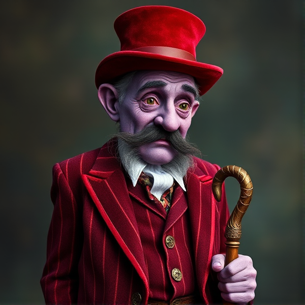 A dreamy elder man figure with purple skin, a dark squiggly mustache and a striped red velvet suit with a cane and a a top hat to match his suit and he’s tall