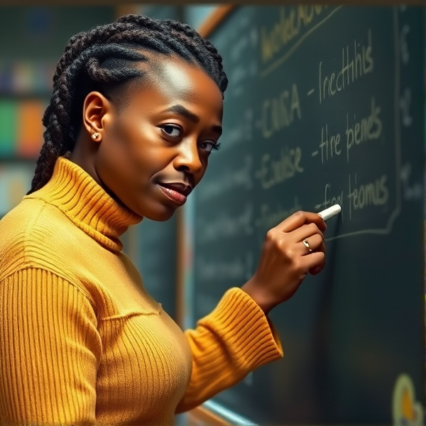 Une enseignante noire âgée de cinquante ans coiffée de tresses africaines traditionnelles, portant un pull jaune  se tient le dos tourné en train d'y écrire avec assurance à la craie blanche au tableau, éléments éducatifs colorés visibles en arrière-plan