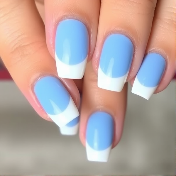 Baby blue French tip acrylic with a thin white underline