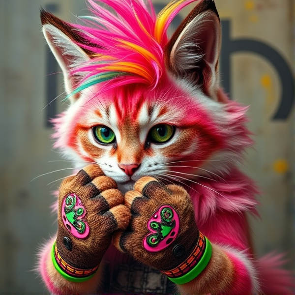 Unique fursona cat dog fox wolf pink and brown furry with scenecore fingerless gloves  and rainbow hair tuft, brightly coloured bracelets over the hands. Green paw pads