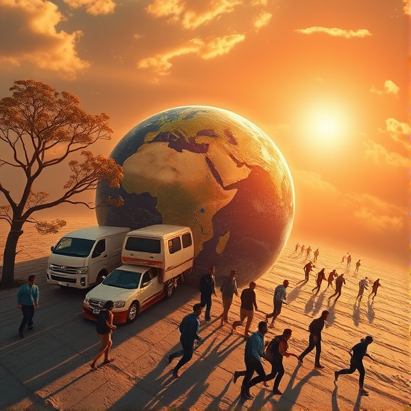 Groups of humans running around the earth