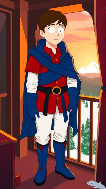 Clyde Donovan from South Park, light skin and brown hair, but as a 14-Year Old, dressed as a medieval prince with a red shirt with white sleeves, a black belt with a gold buckle, white pants, blue boots, blue long-cuffed gloves, and wreathed in a big, ankle-length blue hooded cape, now known as Prince Donovan. Despite still being a kid, he is the Youngest Ruler of South Park, Colorado, but now reborn as the real life Kingdom of Kupa Keep, Zaron, and Prince Donovan is its youngest and greatest hero. The young teenage prince of Kupa Keep is currently standing on his bedroom balcony in his new home of Kupa Keep Castle, looking at the amazing view of his newfound kingdom that was once the small mountain town he knew before.