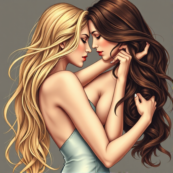 An intricately detailed scene featuring a woman with long, flowing blonde hair and elegantly curved figure in a romantic embrace with a sultry brunette whose locks cascade gently over her shoulders. Both are depicted with exquisite grace, their forms entwined in an intimate dance of love. The blonde's delicate features contrast with the brunette's more striking countenance, creating a harmonious balance of light and shadow, softness and intensity within the composition. Each curve and contour is rendered with care to evoke the passion and connection shared between them