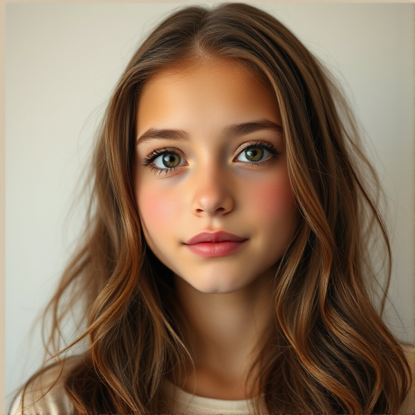 A 14 year old girl with long wavy brown hair, short eyelashes, high-ish cheek bones, brown eyes, medium thick eyebrows, medium thick lips, slight tan skin, slight natural blush. In realism