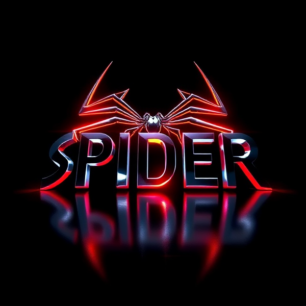 Create a visually arresting 3D logo for "SPIDER" that exudes ultra-modern, sleek design elements with bold sans-serif typography which dynamically bursts forth from a pitch-black background. Infuse the artwork with electrifying light beams inspired by the Capcut app icon's luminosity, casting profound shadows and creating striking highlights across the logo's contours. Incorporate a fusion of cutting-edge curves, crisp edges, and fluid lines to convey both rapidity and elegance. The logo should be enveloped in a metallic skin exhibiting a lustrous, mirror-like finish to dramatically bounce off light, imbuing it with an essence of vigorous motion. Draw upon Pixar's hallmark of incisive imagery and pronounced geometric shapes, injecting the tableau with a lively color spectrum and polished surfaces for additional depth. Utilize rendering techniques paralleling Unreal Engine's hyper-realism and Octane Renderer's ray tracing capabilities to achieve mesmerizing reflections, alongside V-Ray's sophisticated lighting effects to accentuate the mood. Strive for an overwhelmingly surreal visual spectacle that flirts with sci-fi elements, deliberately exaggerating every aspect for maximal impact. This creation ought to be perceived as audaciously lavish, overtly eschewing any inclination towards subtlety or minimalism.
