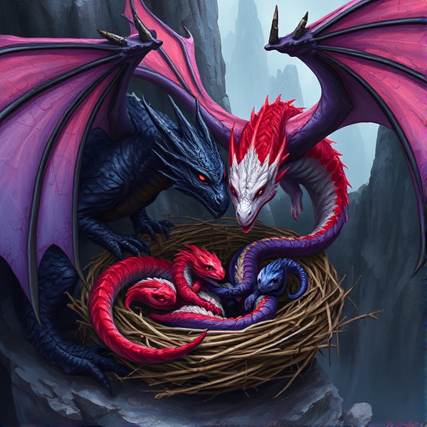 Purple black dragon, with a red and white dragon, protecting their nest with baby dragons in the nest. The baby dragons are red purple white and black, and the nest in in a small cave in a cliff