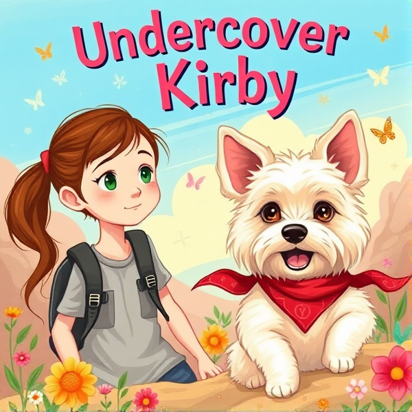 Bright and whimsical book cover design featuring a 10 year old with brown ponytail with red ribbon and small round green eyes as the protagonist on an adventurous journey, bursting with vivid colors and elements that appeal to 10-year-old girls such as butterflies and pretty birds, and friendly cream long haired small maltese terrier dog with long hanging ears and red bandana around neck looking happily at protagonist.. the girl is looking at reader. The artwork should capture the essence of a childlike wonder and the excitement of exploration, ideally incorporating symbols of adventure like compasses, binoculars, or hidden paths. The typography should be bold and inviting, resonating with young readers' imagination and sense of fun. The title is: Undercover Kirby. The style should realistic hand drawn illustration