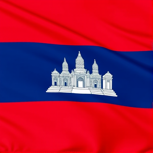 The Flag of Cambodia features a striking and detailed design centered around a prominent depiction of the Angkor Wat temple. The flag consists of three horizontal stripes: a red stripe at the top, a blue stripe in the middle, and another red stripe at the bottom. The central blue stripe is adorned with the image of Angkor Wat, rendered in white, symbolizing the nation's cultural heritage and historical significance. The temple, with its intricate towers and elaborate design, stands out prominently against the blue background, emphasizing Cambodia’s rich architectural legacy. The red stripes on either side of the blue stripe provide a bold contrast, highlighting the temple’s detailed features and celebrating the country’s proud history.