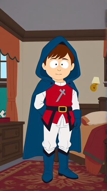 Clyde Donovan from South Park, light skin and brown hair, but as a 14-Year Old, dressed as a medieval prince with a red shirt with white sleeves, a black belt with a gold buckle, white pants, blue boots, blue long-cuffed gloves, and wreathed in a big, ankle-length blue hooded cape, now known as Prince Donovan. Despite still being a kid, he is the Youngest Ruler of South Park, Colorado, but now reborn as the real life Kingdom of Kupa Keep, Zaron, and Prince Donovan is its youngest and greatest hero. The young teenage prince of Kupa Keep is currently standing in his bedroom in his new home of Kupa Keep Castle, taking a moment to truly admire his newfound royal appearance.