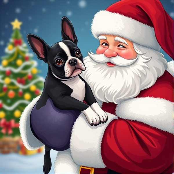 Illustration Santa holding a Boston terrier puppy with a Christmas background scene