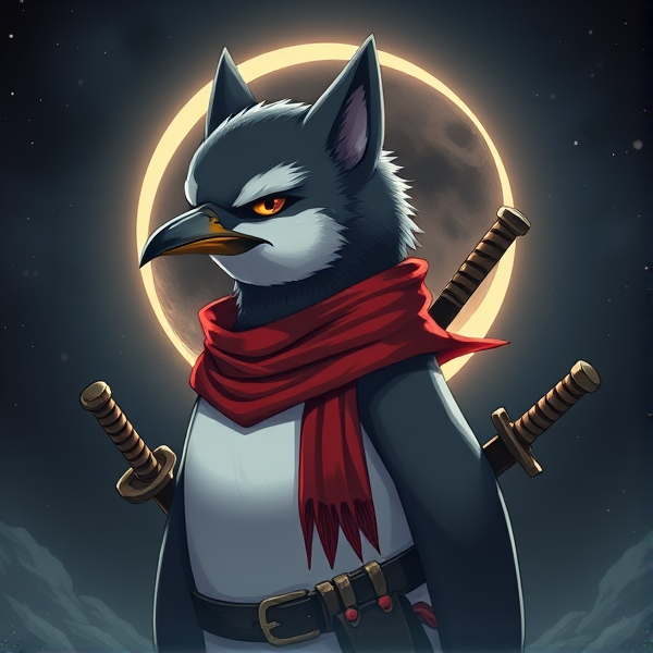Pingouin avec un masque de loup sur la tête maitre de l'éclipse lunaire et avec un écharpe rouge autours du cou et avec deux épées dans le dos et avec une tenue de pirate