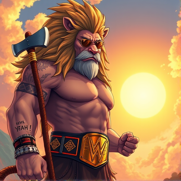 Un lion barbare dieux du soleil, il tien une hache dans la main, avec des poils de lion et une carrure imposante et avec la ceinture de la wwe le catcheur et ces lunettes de soleil, il a un tatoo sur le bras écris YEAH!