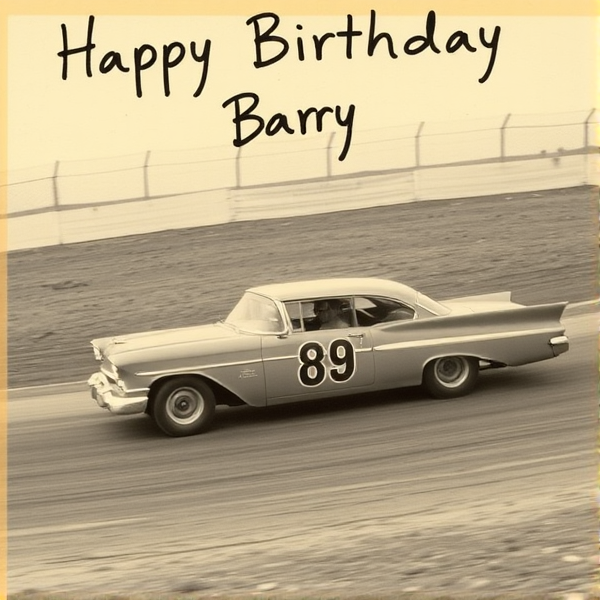 a vintage monochrome photo of a vintage stock car racing around a high banked dirt oval with Happy Birthday Barry handwritten on the photo in black marker. The car should have 89 written on the door.