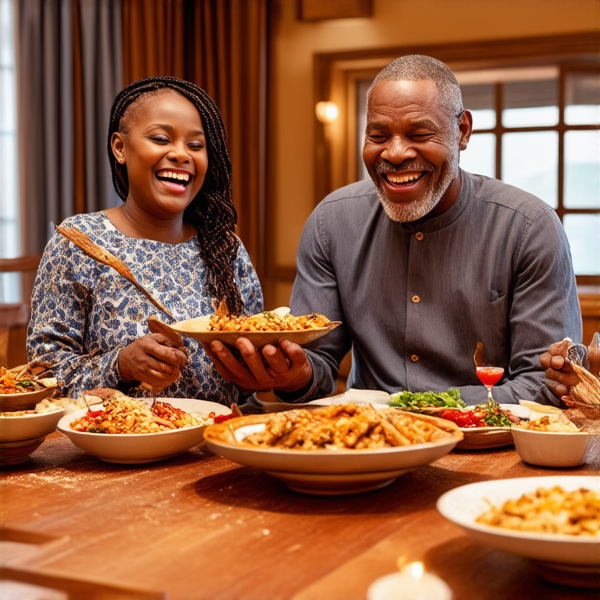 Fête de famille africaine animée et souriante, partageant des rires et des conversations chaleureuses autour d'une grande table en bois abondamment fournie en mets traditionnels colorés et appétissants typiques de la 'soul food'. Différentes générations, des grands-parents aux petits-enfants, dégustent ces plats dans une salle à manger éclatante de lumière et décorée avec goût pour l'événement, où la joie et la convivialité rayonnent