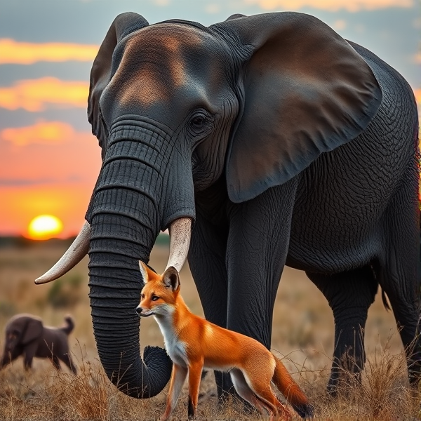 A majestic elephant with the delicate fur and vibrant orange coloring of a fox, in a serene savannah at sunset